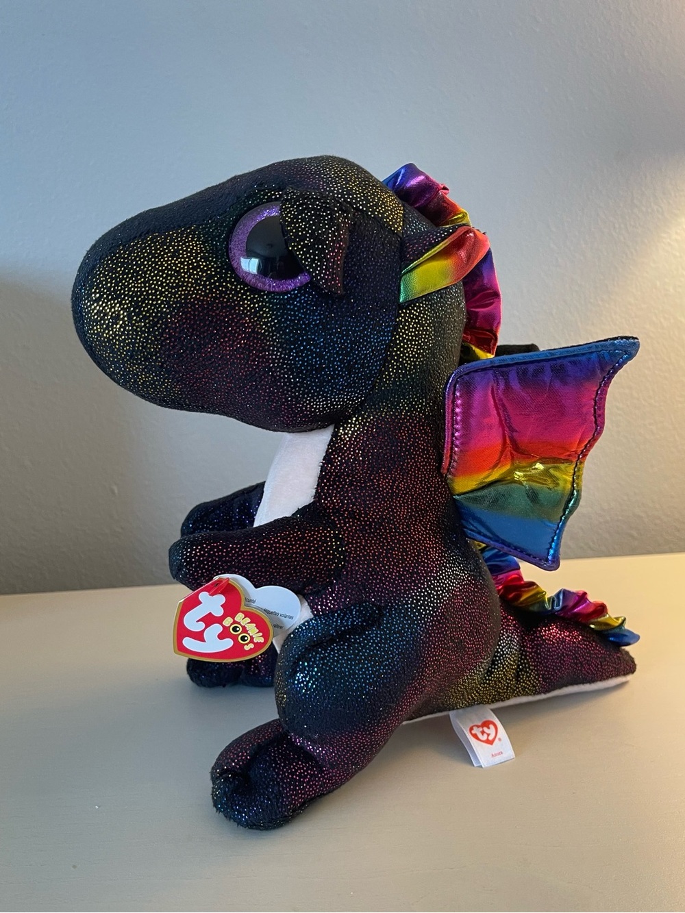 RARE TY beanie Boo Boos ANORA the Black Dragon Plush 9" Glitter Rainbow Sparkle